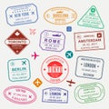 Passport stamp set. Different countries airport visa stamp. Custom control cachet. New York, Rome, Amsterdam, London, Barcelona